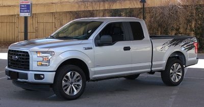 rugged patch decal on a gray truck