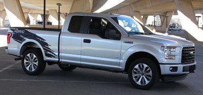 rugged patch decal on a gray truck