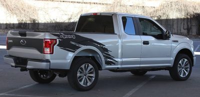 rugged patch decal on a grey truck